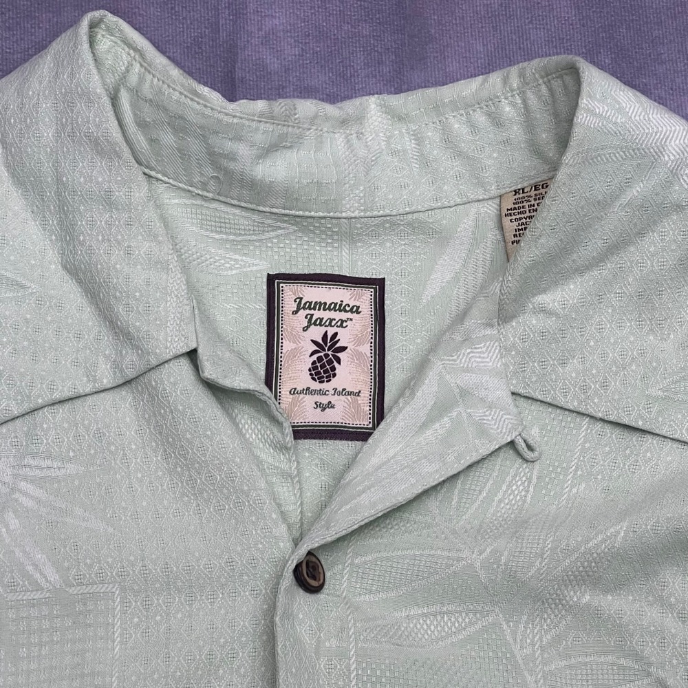 Jamaica Jaxx Silk Button Down Mens XL Green Excellent Jacquard Palm Leaf Shirt